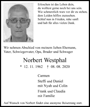 Anzeige von Norbert Westphal von Kölner Stadt-Anzeiger / Kölnische Rundschau / Express