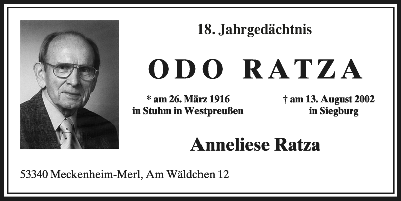  Traueranzeige für Oda Ratza vom 21.08.2020 aus  Schaufenster/Blickpunkt 