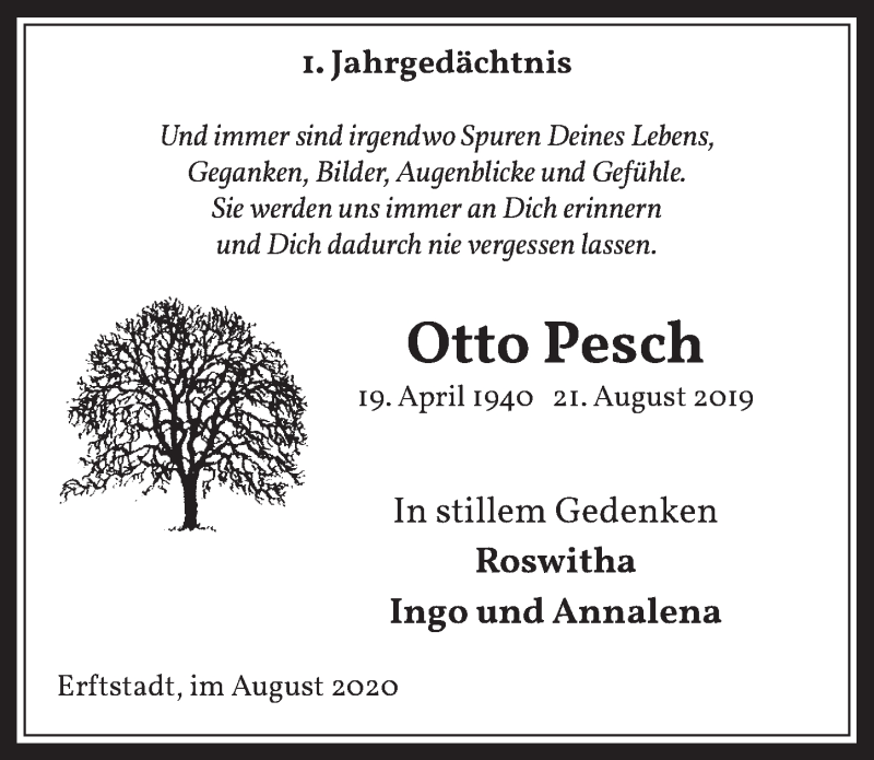  Traueranzeige für Otto Pesch vom 21.08.2020 aus  Werbepost 