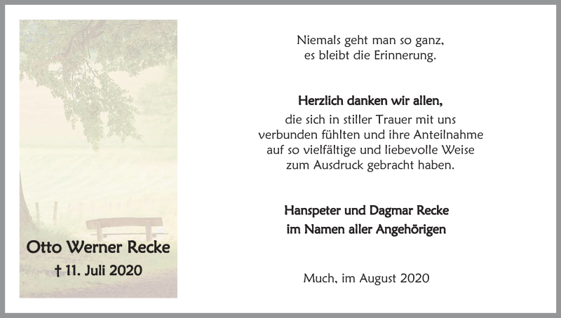  Traueranzeige für Otto Werner Recke vom 01.08.2020 aus Kölner Stadt-Anzeiger / Kölnische Rundschau / Express