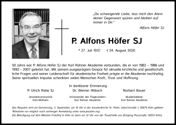 Anzeige von P. Alfons Höfer von Kölner Stadt-Anzeiger / Kölnische Rundschau / Express