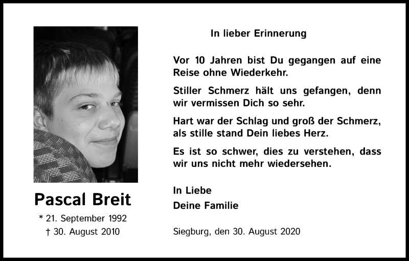  Traueranzeige für Pascal Breit vom 29.08.2020 aus Kölner Stadt-Anzeiger / Kölnische Rundschau / Express