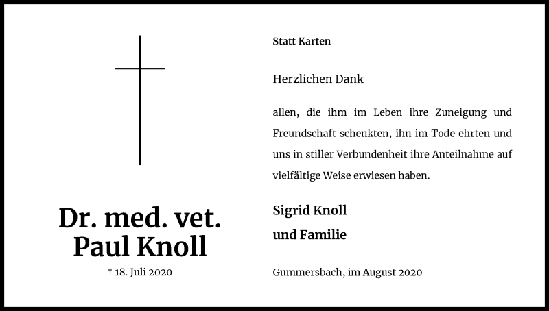  Traueranzeige für Paul Knoll vom 22.08.2020 aus Kölner Stadt-Anzeiger / Kölnische Rundschau / Express