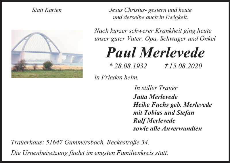  Traueranzeige für Paul Merlevede vom 22.08.2020 aus Kölner Stadt-Anzeiger / Kölnische Rundschau / Express