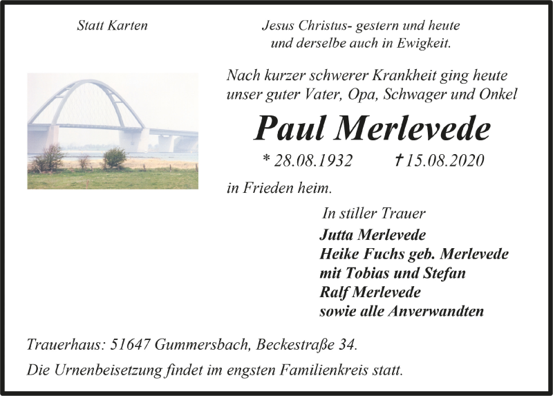  Traueranzeige für Paul Merlevede vom 21.08.2020 aus  Anzeigen Echo 