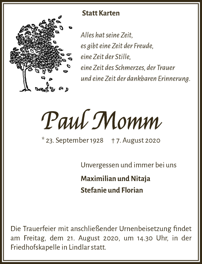  Traueranzeige für Paul Momm vom 14.08.2020 aus  Anzeigen Echo 
