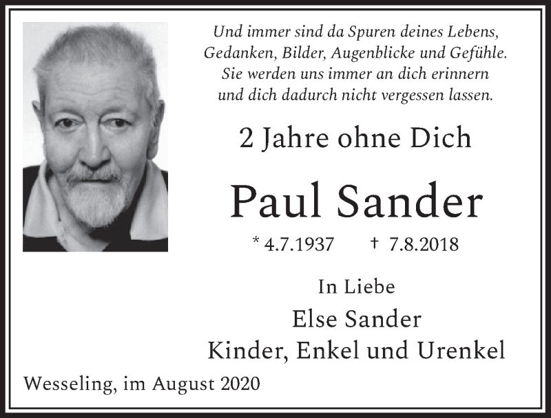  Traueranzeige für Paul Sander vom 07.08.2020 aus  Schlossbote/Werbekurier 