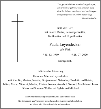 Anzeige von Paula Leyendecker von  Schlossbote/Werbekurier 