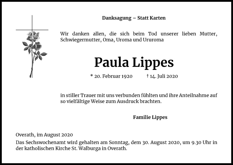  Traueranzeige für Paula Lippes vom 26.08.2020 aus Kölner Stadt-Anzeiger / Kölnische Rundschau / Express