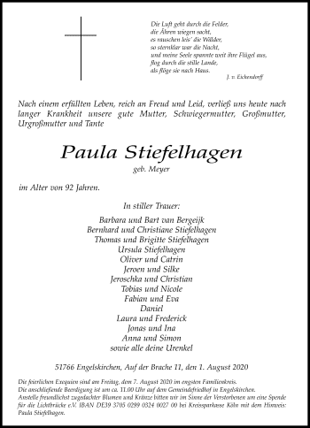 Anzeige von Paula Stiefelhagen von Kölner Stadt-Anzeiger / Kölnische Rundschau / Express
