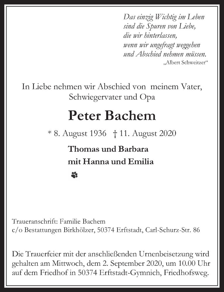  Traueranzeige für Peter Bachem vom 28.08.2020 aus  Werbepost 