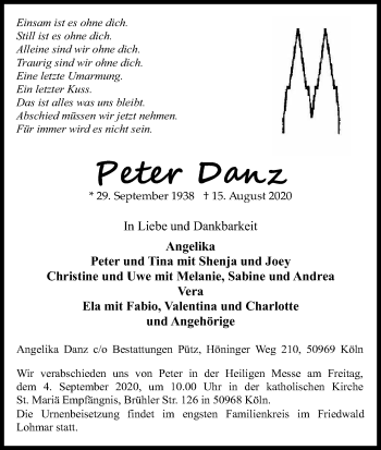 Anzeige von Peter Danz von Kölner Stadt-Anzeiger / Kölnische Rundschau / Express