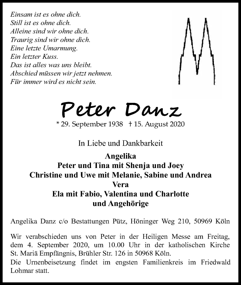  Traueranzeige für Peter Danz vom 29.08.2020 aus Kölner Stadt-Anzeiger / Kölnische Rundschau / Express