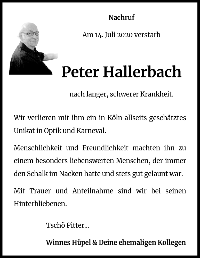  Traueranzeige für Peter Hallerbach vom 01.08.2020 aus Kölner Stadt-Anzeiger / Kölnische Rundschau / Express