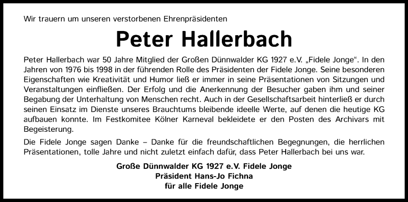  Traueranzeige für Peter Hallerbach vom 06.08.2020 aus Kölner Stadt-Anzeiger / Kölnische Rundschau / Express