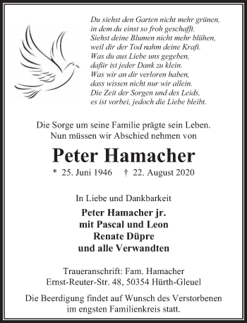 Anzeige von Peter Hamacher von  Wochenende 