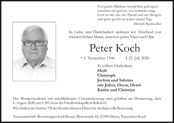 Anzeige von Peter Koch von Kölner Stadt-Anzeiger / Kölnische Rundschau / Express