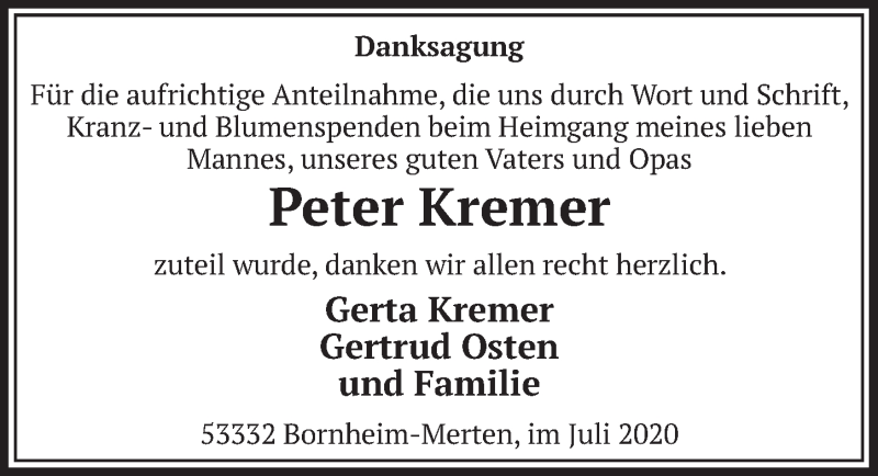  Traueranzeige für Peter Kremer vom 07.08.2020 aus  Schlossbote/Werbekurier 