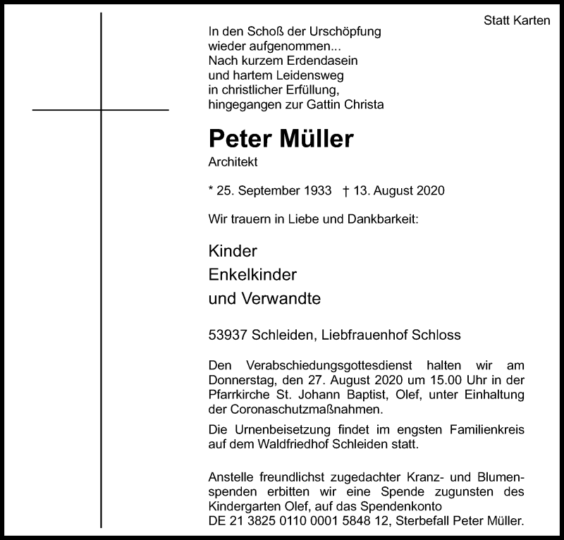  Traueranzeige für Peter Müller vom 22.08.2020 aus Kölner Stadt-Anzeiger / Kölnische Rundschau / Express