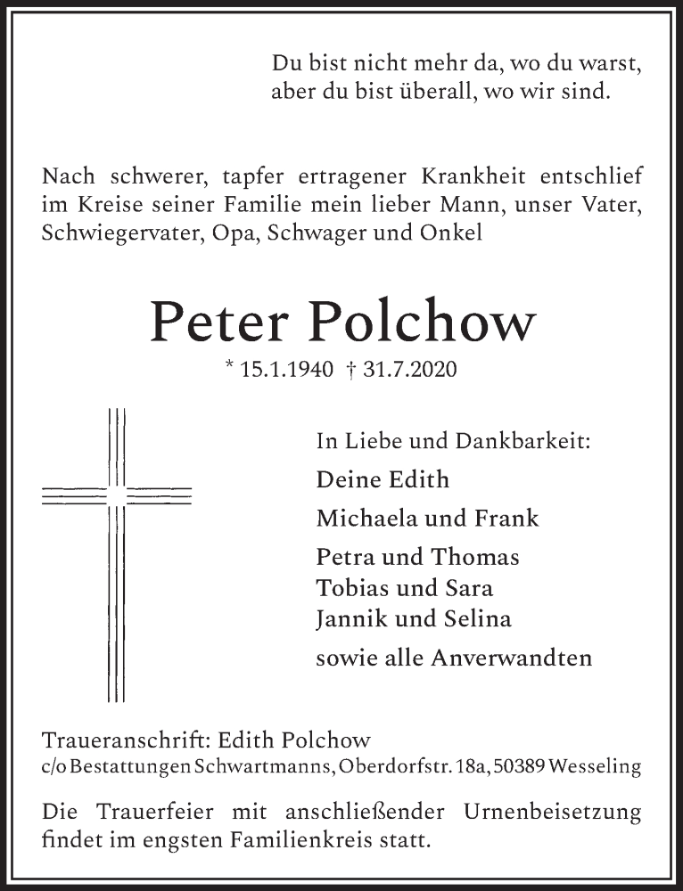  Traueranzeige für Peter Polchow vom 07.08.2020 aus  Schlossbote/Werbekurier 