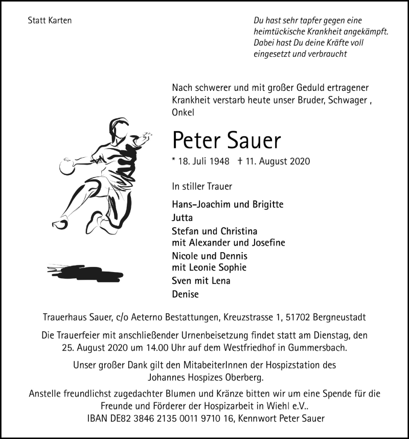  Traueranzeige für Peter Sauer vom 21.08.2020 aus  Anzeigen Echo 