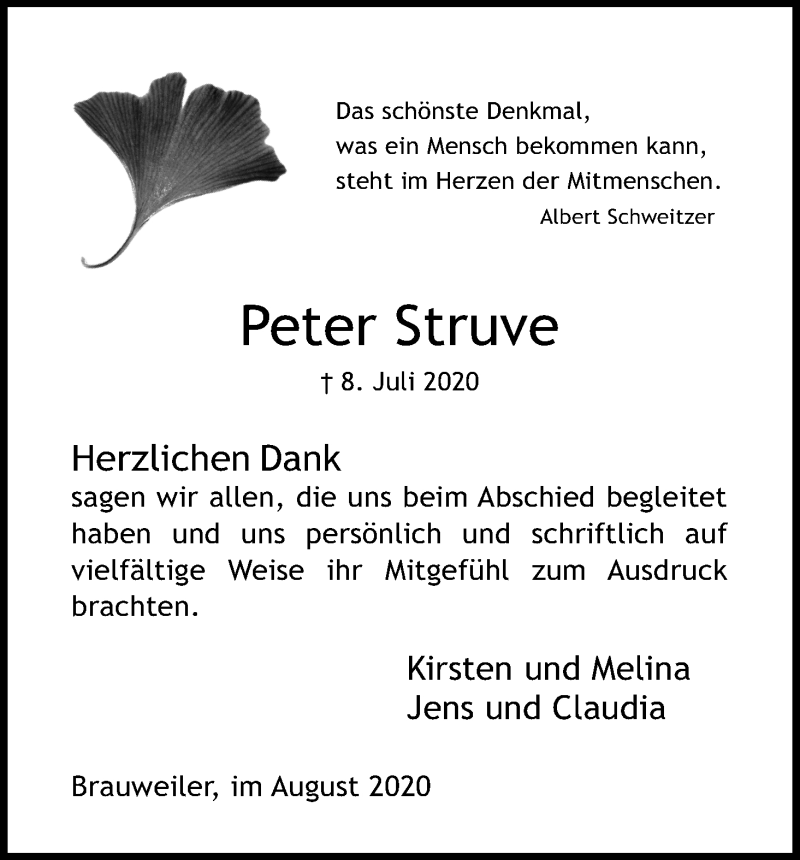  Traueranzeige für Peter Struve vom 29.08.2020 aus Kölner Stadt-Anzeiger / Kölnische Rundschau / Express