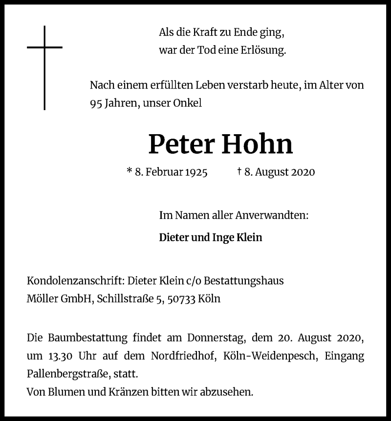  Traueranzeige für PeterHohn Hohn vom 15.08.2020 aus Kölner Stadt-Anzeiger / Kölnische Rundschau / Express