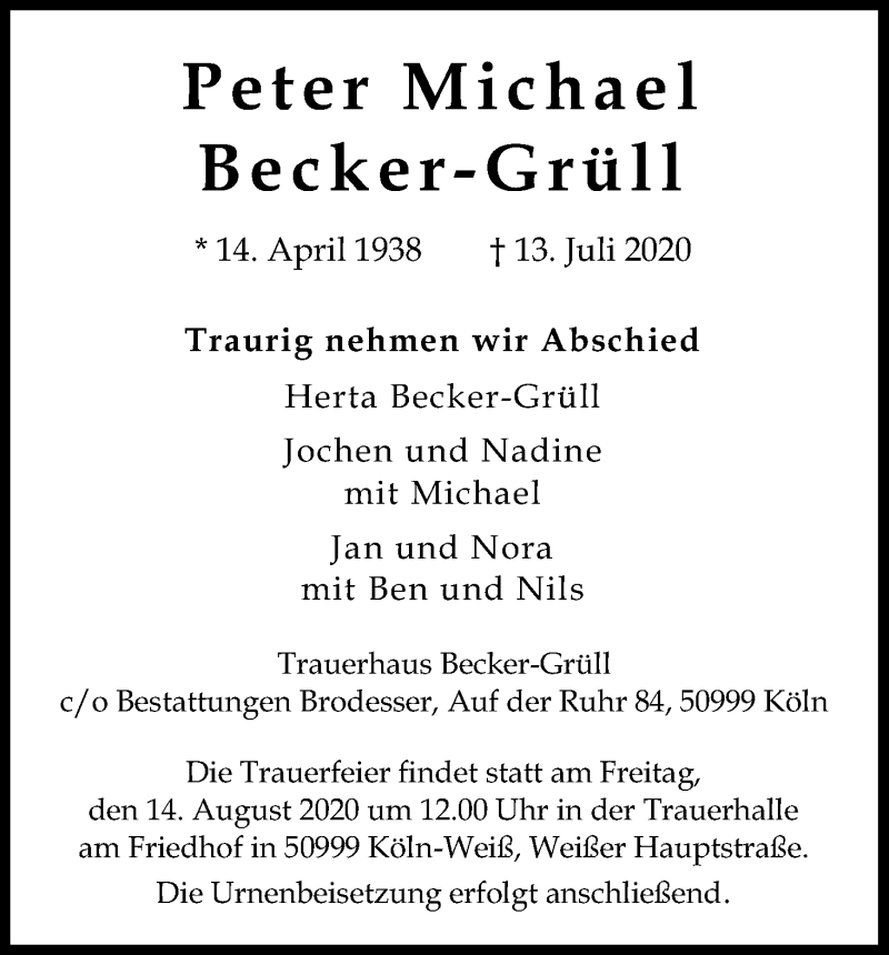  Traueranzeige für Peter Michael Becker-Grüll vom 08.08.2020 aus Kölner Stadt-Anzeiger / Kölnische Rundschau / Express