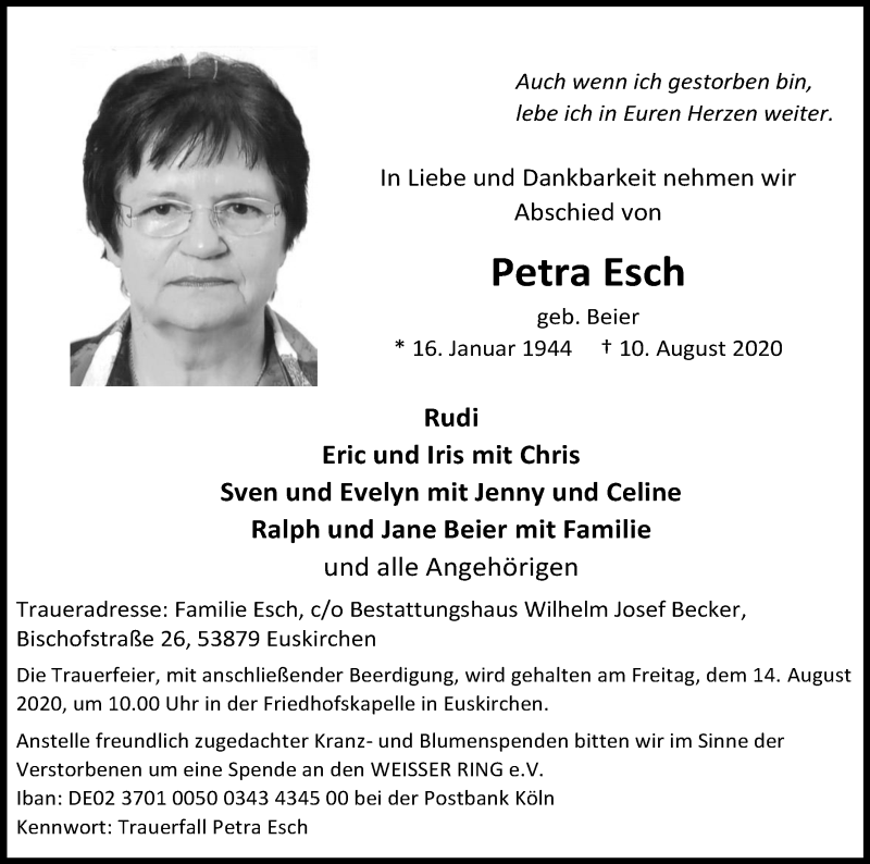  Traueranzeige für Petra Esch vom 12.08.2020 aus Kölner Stadt-Anzeiger / Kölnische Rundschau / Express