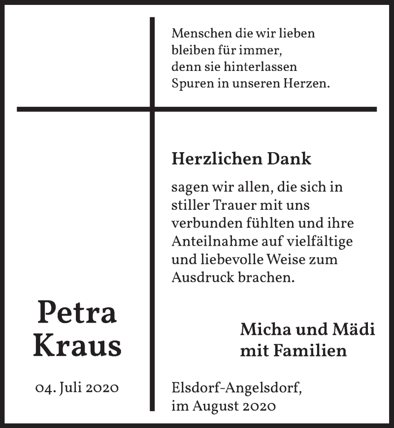  Traueranzeige für Petra Kraus vom 14.08.2020 aus  Werbepost 