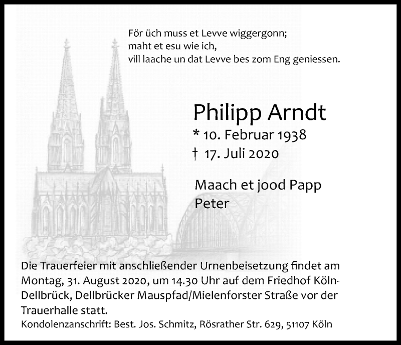  Traueranzeige für Philipp Arndt vom 22.08.2020 aus Kölner Stadt-Anzeiger / Kölnische Rundschau / Express
