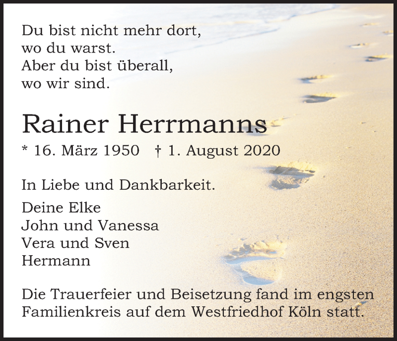  Traueranzeige für Rainer Herrmanns vom 08.08.2020 aus Kölner Stadt-Anzeiger / Kölnische Rundschau / Express