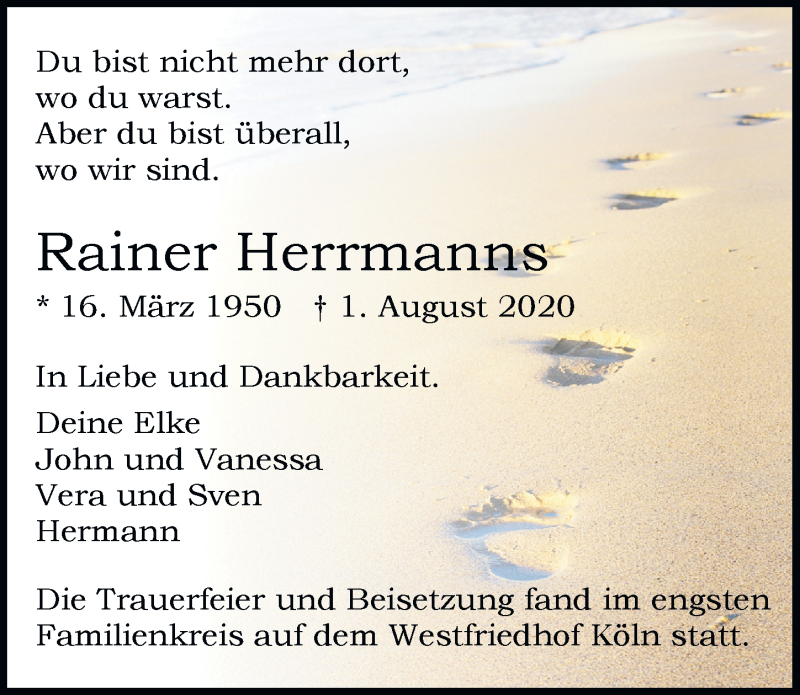  Traueranzeige für Rainer Herrmanns vom 07.08.2020 aus  Schlossbote/Werbekurier 