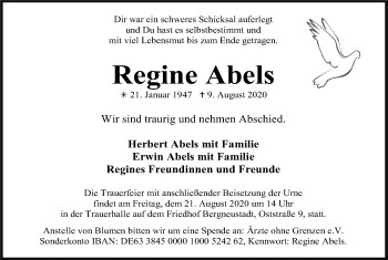 Anzeige von Regine Abels von Kölner Stadt-Anzeiger / Kölnische Rundschau / Express