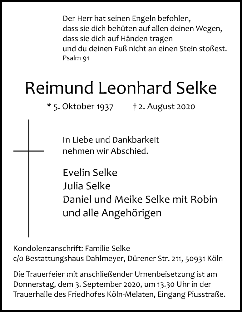  Traueranzeige für Reimund Leonhard Selke vom 29.08.2020 aus Kölner Stadt-Anzeiger / Kölnische Rundschau / Express