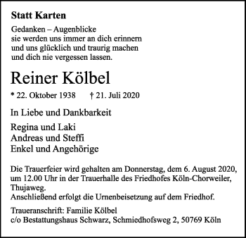 Anzeige von Reiner Kölbel von Kölner Stadt-Anzeiger / Kölnische Rundschau / Express