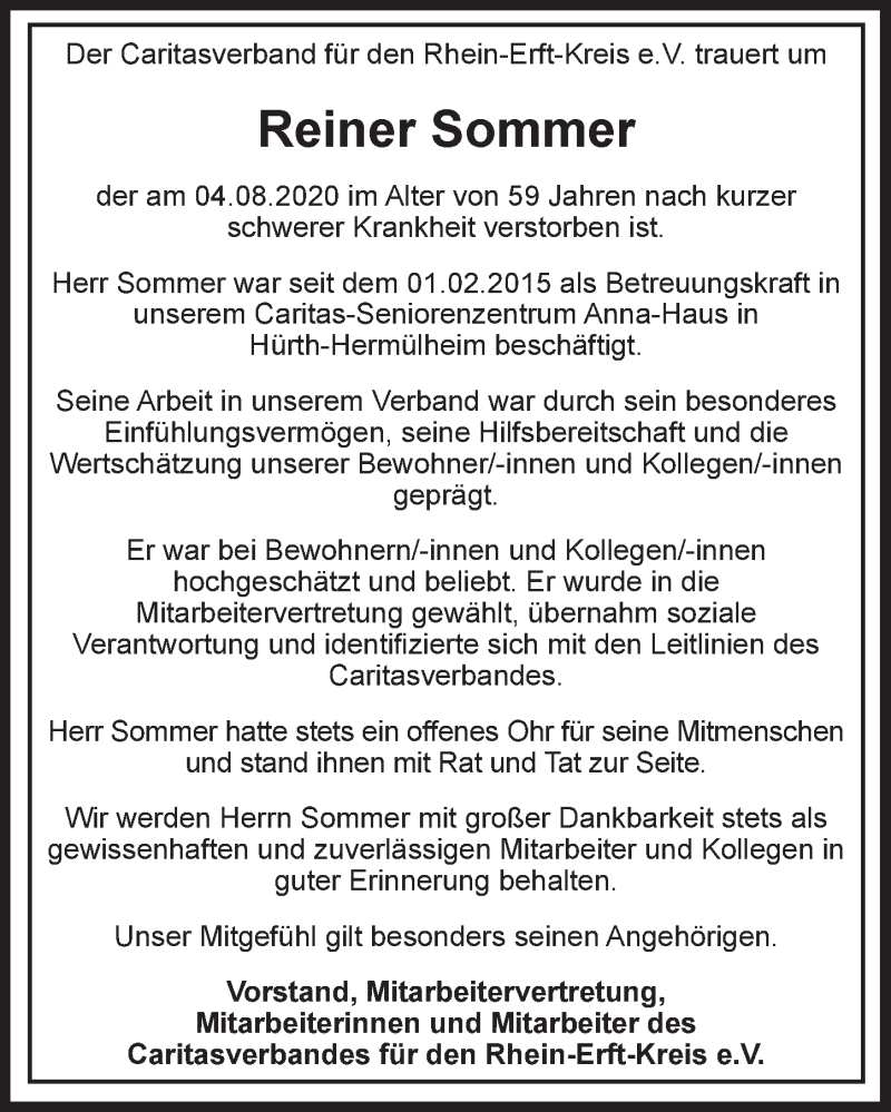  Traueranzeige für Reiner Sommer vom 14.08.2020 aus  Wochenende  Werbepost 