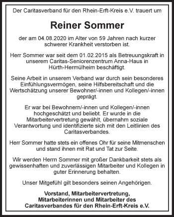 Anzeige von Reiner Sommer von  Wochenende  Werbepost 