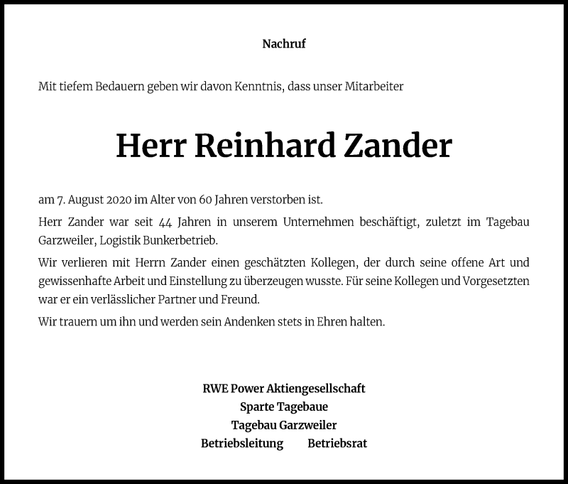  Traueranzeige für Reinhard Zander vom 26.08.2020 aus Kölner Stadt-Anzeiger / Kölnische Rundschau / Express
