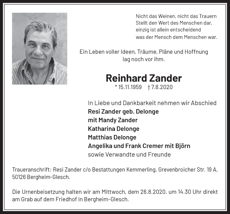  Traueranzeige für Reinhard Zander vom 21.08.2020 aus  Werbepost 