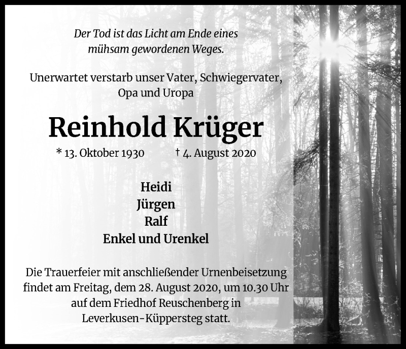 Traueranzeige für Reinhold Krüger vom 22.08.2020 aus Kölner Stadt-Anzeiger / Kölnische Rundschau / Express