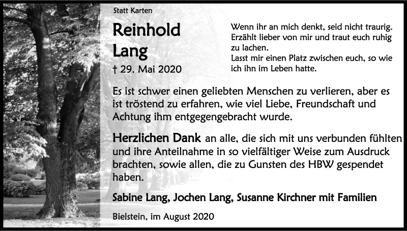  Traueranzeige für Reinhold Lang vom 01.08.2020 aus Kölner Stadt-Anzeiger / Kölnische Rundschau / Express