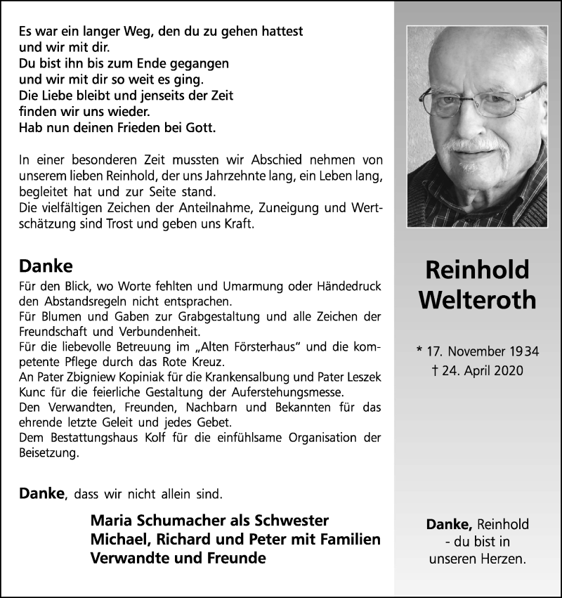  Traueranzeige für Reinhold Welteroth vom 22.08.2020 aus Kölner Stadt-Anzeiger / Kölnische Rundschau / Express