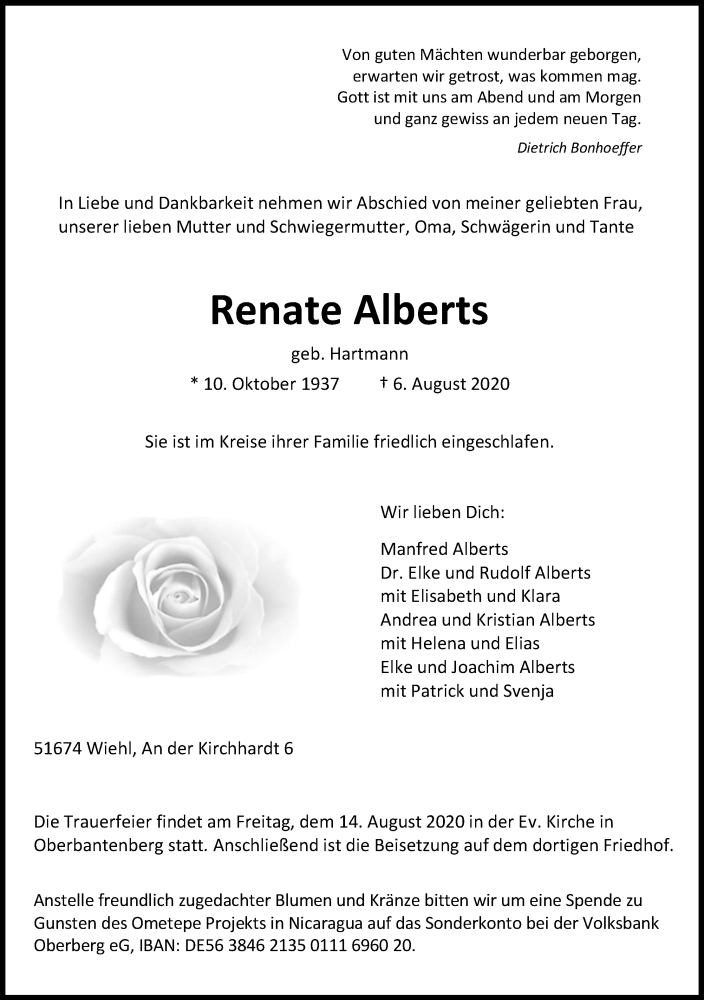  Traueranzeige für Renate Alberts vom 11.08.2020 aus Kölner Stadt-Anzeiger / Kölnische Rundschau / Express