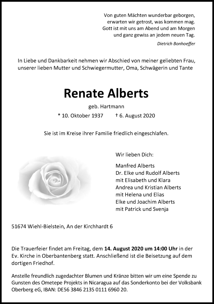  Traueranzeige für Renate Alberts vom 12.08.2020 aus Kölner Stadt-Anzeiger / Kölnische Rundschau / Express