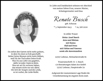 Anzeige von Renate Busch von Kölner Stadt-Anzeiger / Kölnische Rundschau / Express