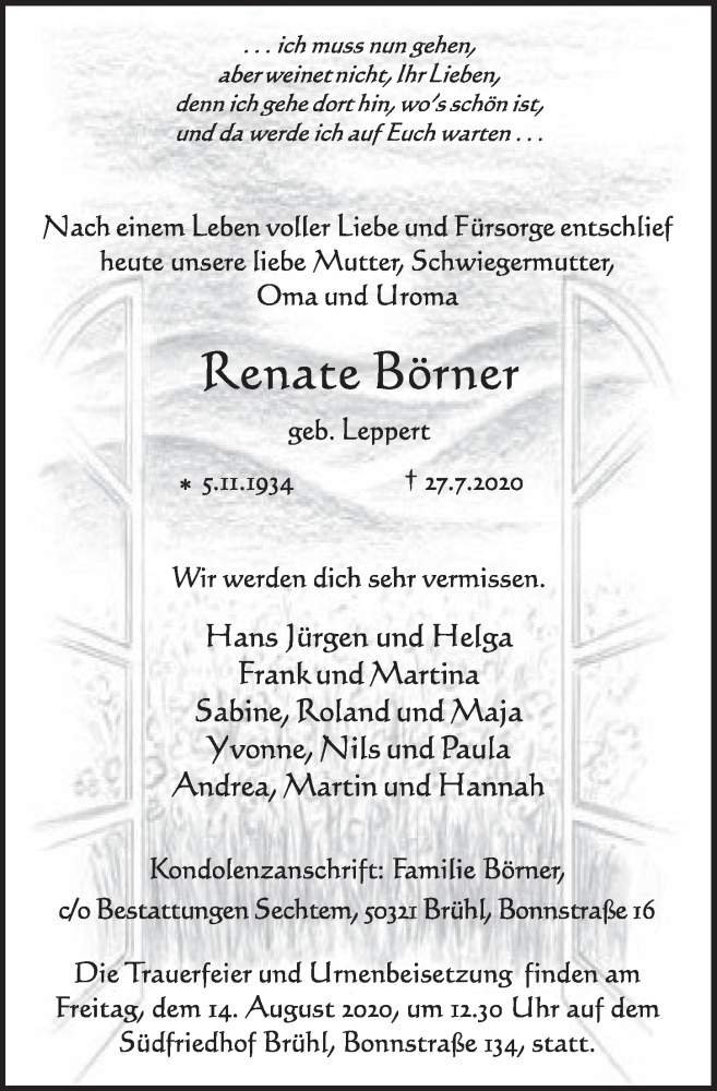  Traueranzeige für Renate Börner vom 07.08.2020 aus  Schlossbote/Werbekurier 