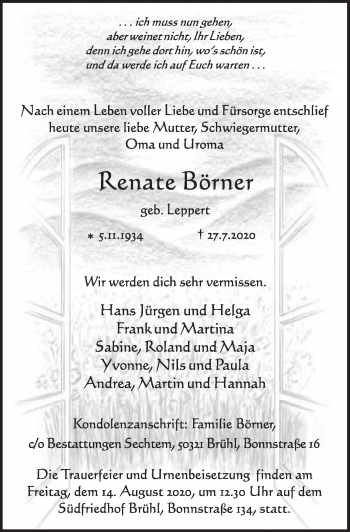 Anzeige von Renate Börner von  Schlossbote/Werbekurier 