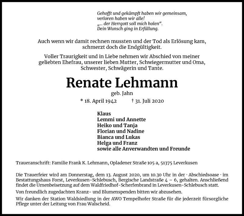  Traueranzeige für Renate Lehmann vom 08.08.2020 aus Kölner Stadt-Anzeiger / Kölnische Rundschau / Express