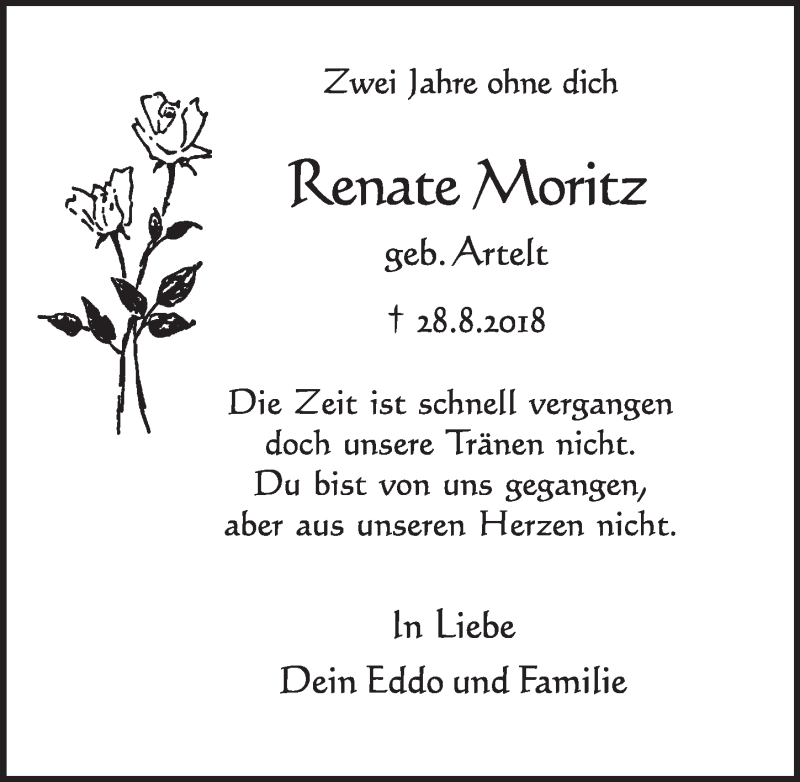  Traueranzeige für Renate Moritz vom 28.08.2020 aus  Schlossbote/Werbekurier 